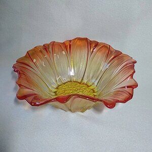 Vintage Mikasa Sunflower Tangerine Amber 13 1/2" Ruffled Bowl Iridescent Germany